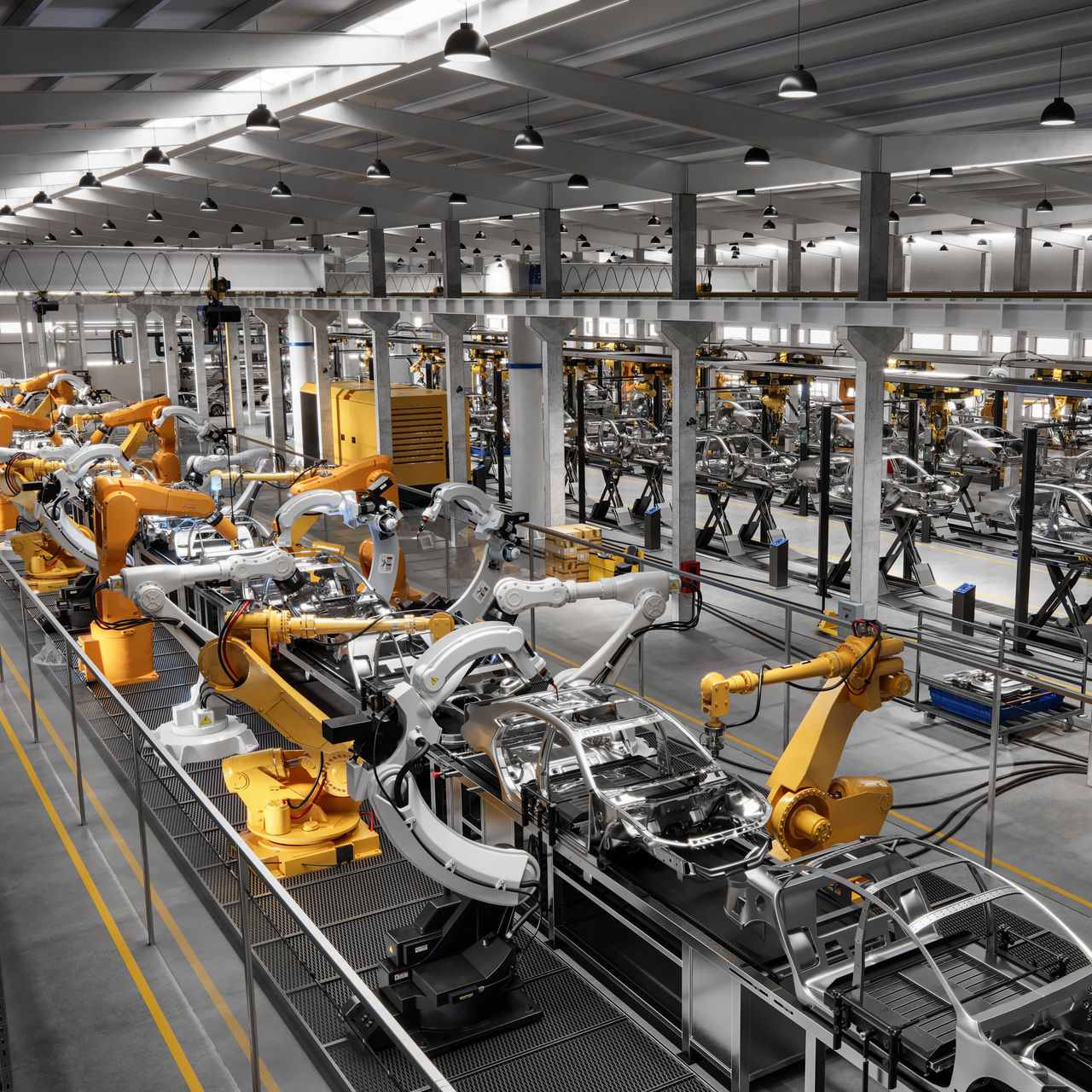 High angle view of cars on production line in factory. Many robottic arms doing welding on car metal body in manufacturing plant. Image in 3D render.