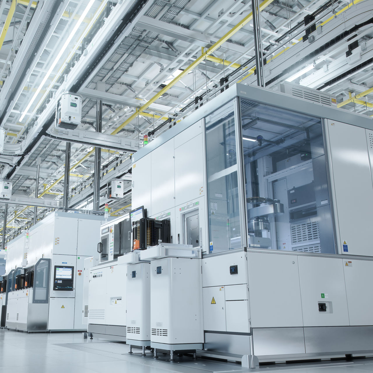 Inside Bright Advanced Semiconductor Production Fab Cleanroom with Working Overhead Wafer Transfer System