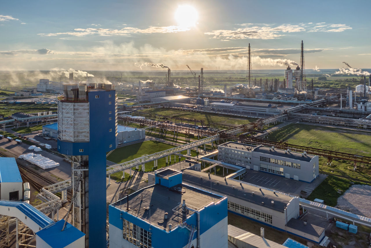 Aerial view of big chemical plant. Production of different nitrogen fertilizers.