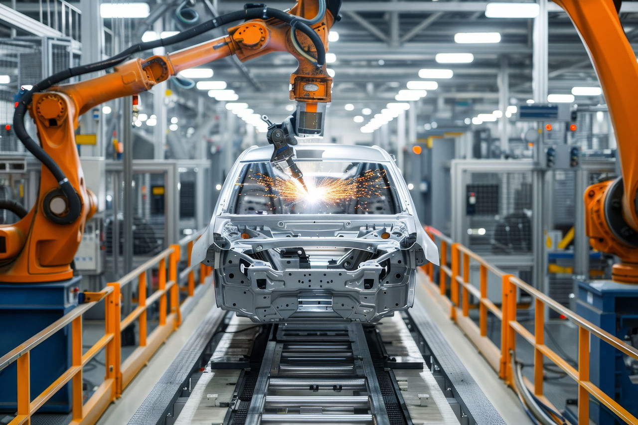 Automotive factory production line with robotic welding of car bodies on white background
